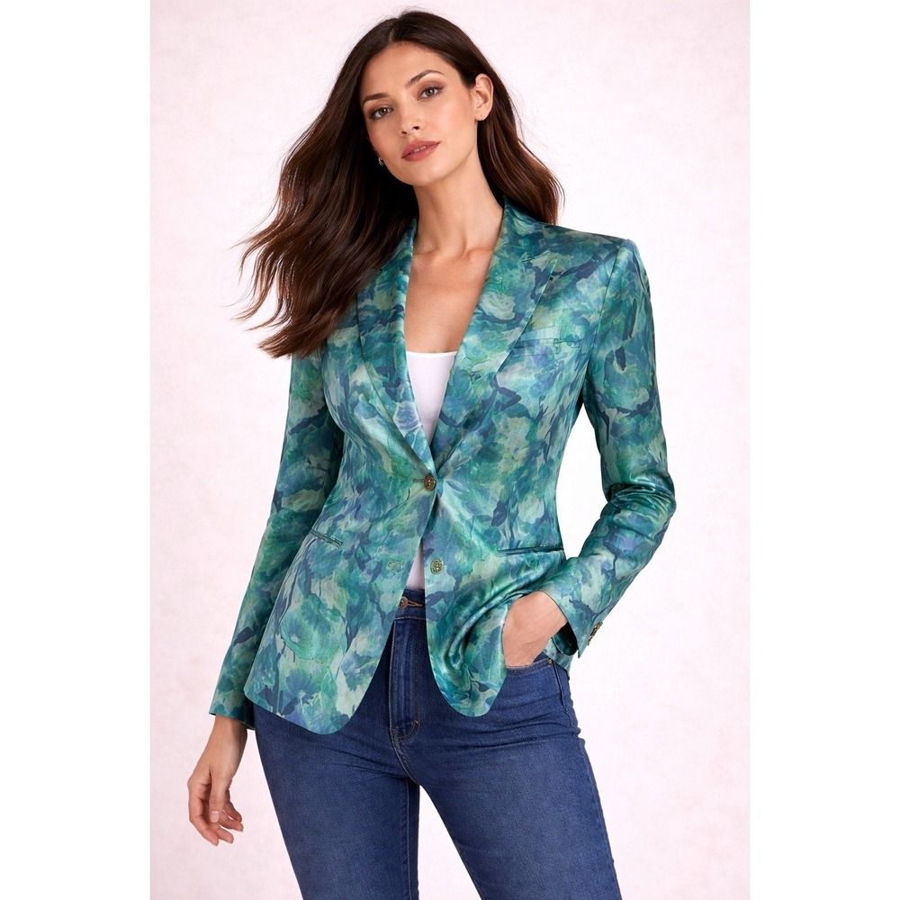 VTG Collection Point of View Silk Floral Blazer Teal Blue Watercolor 10152 Sz 12